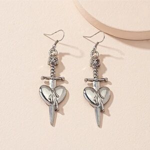 Silver Skull Dagger Heart Earrings